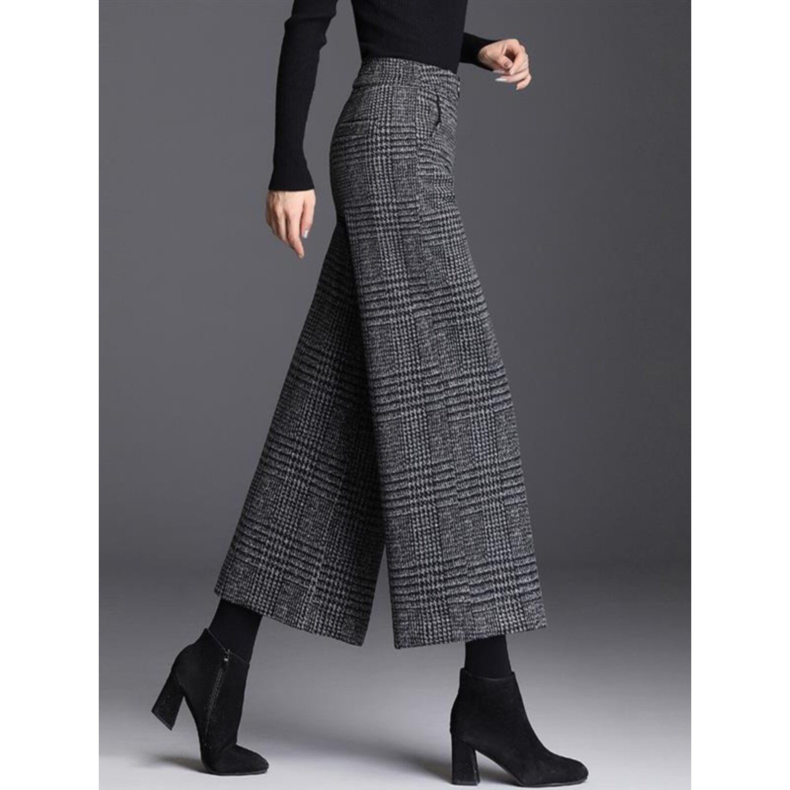 加厚羊毛呢覆古格子阔腿裤直筒女裤子2025冬季新款宽松休闲九分裤