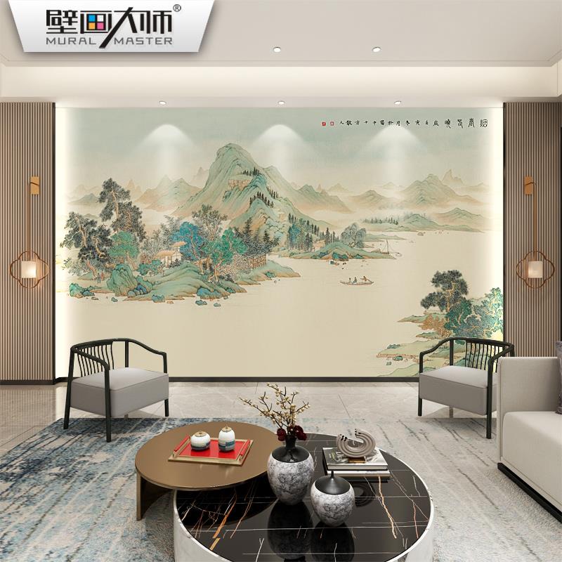 2024新中式壁布电视背景墙壁纸书房饭店3d写意山水墨墙纸硬包壁画