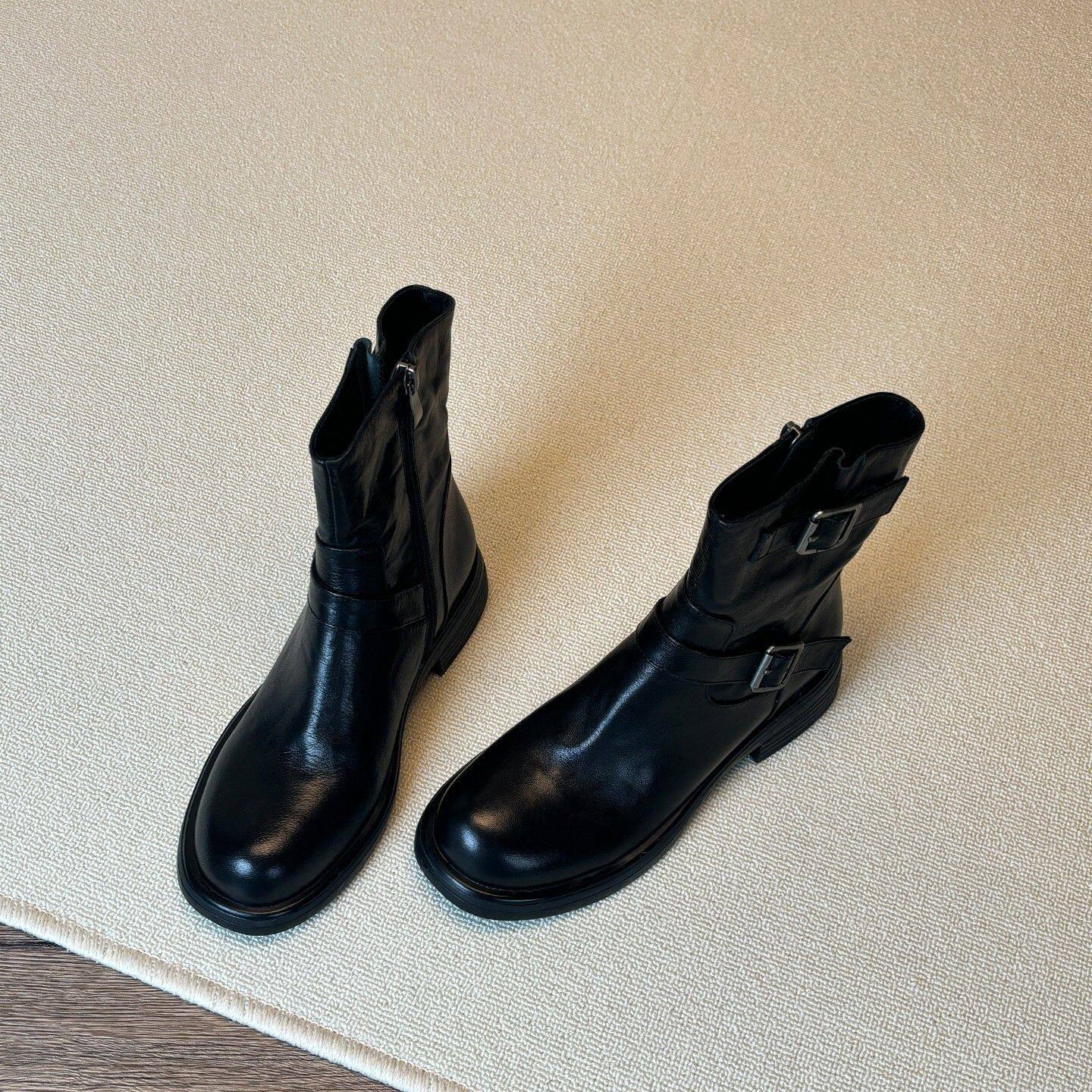 真皮英伦风皮带扣马丁靴女侧拉链2025新款秋冬西部牛仔靴圆头短靴,女鞋,马丁靴,淘宝优惠券,粉丝福利购,淘宝优惠卷