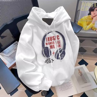 仓石一树耳机印花连帽卫衣男生重磅秋冬季 上衣潮 百搭加绒加厚长袖