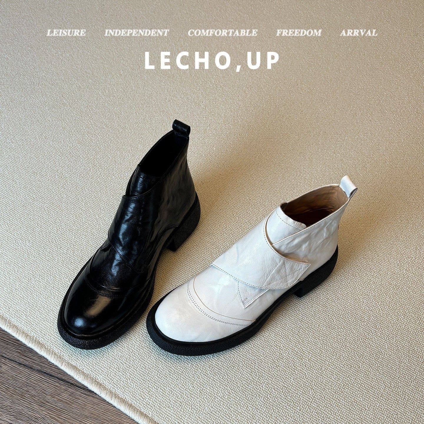 真皮高跟粗跟马丁靴女单靴白色踝靴秋冬厚底小个子加绒短靴英伦风