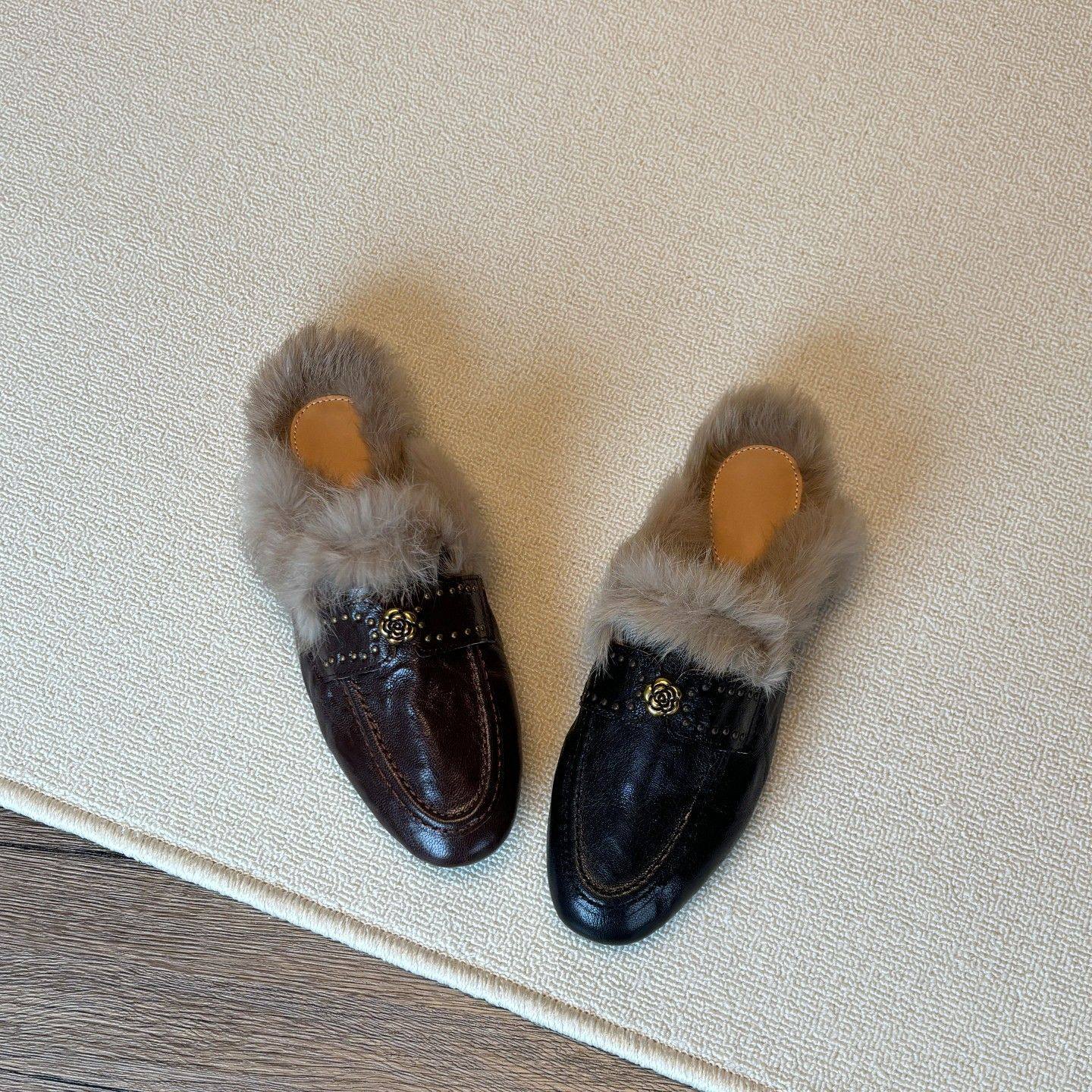 真皮兔毛懒人一脚蹬毛毛鞋女外穿冬季加绒保暖平底包头穆勒乐福鞋,女鞋,毛毛鞋,淘宝优惠券,粉丝福利购,淘宝优惠卷