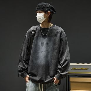 纯棉圆领内搭休闲卫衣 t恤男复古做旧水洗打底衫 仓石一树美式 长袖