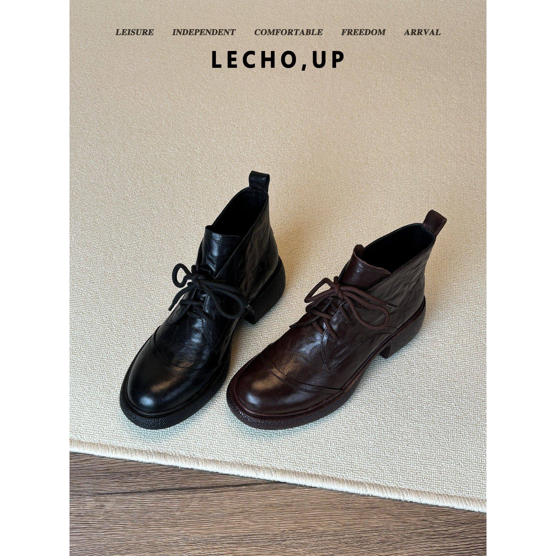 真皮覆古厚底粗跟马丁靴女系带踝靴2025新款秋冬圆头高跟短靴加绒,女鞋,马丁靴,淘宝优惠券,粉丝福利购,淘宝优惠卷