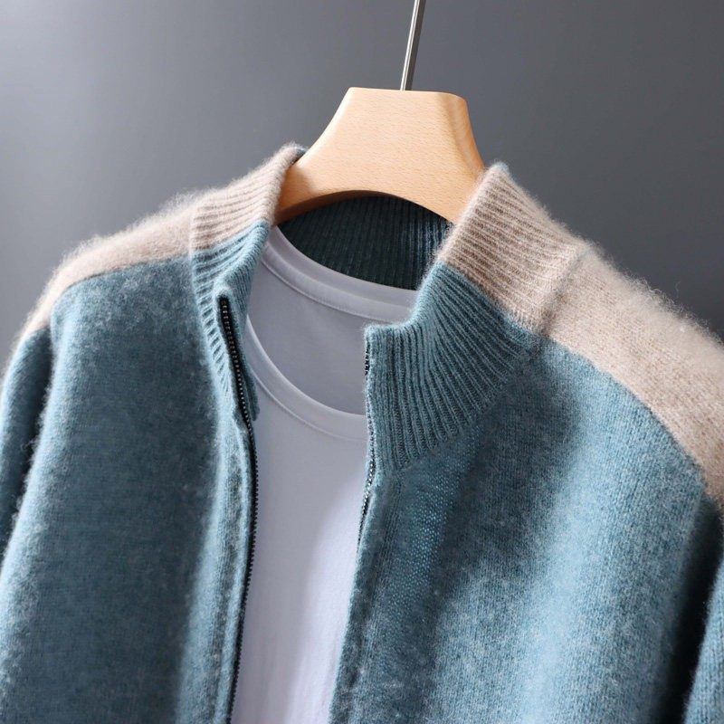 2025秋冬款男士100%纯羊毛拉炼开衫加厚立领拼色百搭羊绒针织外套,男装,针织衫/毛衣,淘宝优惠券,粉丝福利购,淘宝优惠卷