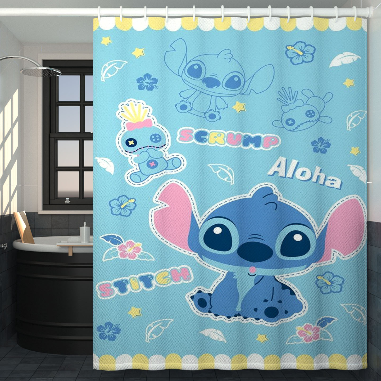 史迪仔卡通卫生间防水布浴帘隔断帘防水高档加重坠浴室窗帘套装