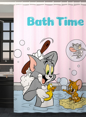 猫和老鼠浴室免打孔防水浴帘卫生间隔断帘高档加厚厕所门帘洗澡帘