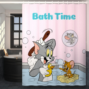 猫和老鼠浴室免打孔防水浴帘卫生间隔断帘高档加厚厕所门帘洗澡帘