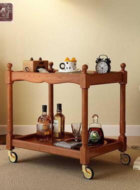 小法式复古风实木可QKM移动茶几厅几沙发边几角移动推车储物置物