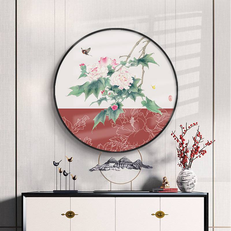 牡丹园 新中式玄关样板房装饰画牡丹国画中国红圆形花鸟客厅壁画图片