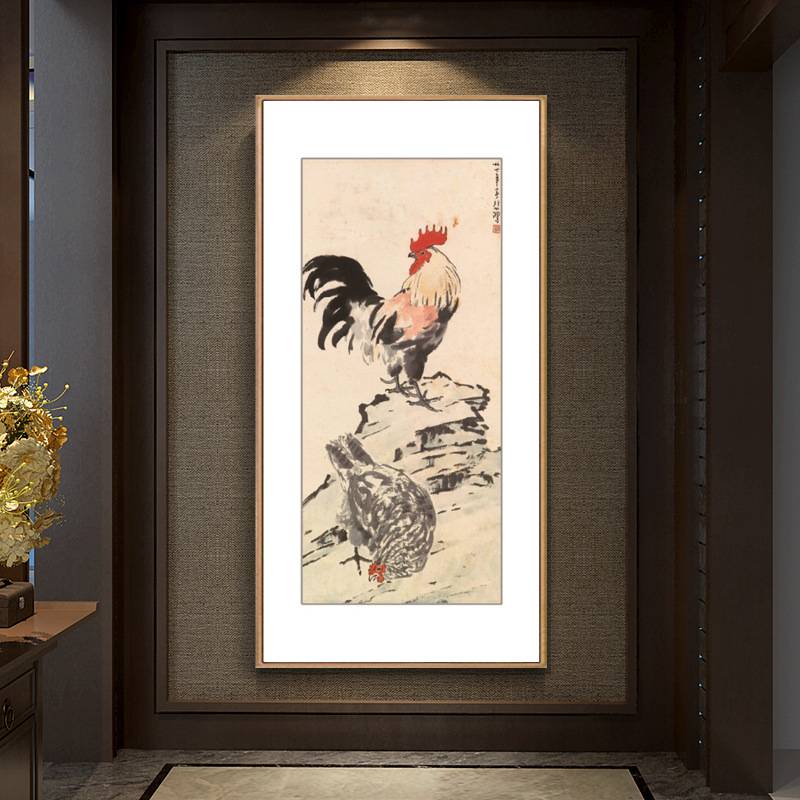 徐悲鸿雄鸡图国画中式玄关装饰画竖版现代水墨客厅走廊过道壁挂画图片