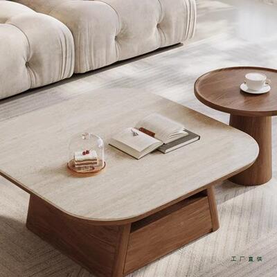 风胡桃木纹洞石岩板茶几组BTO合现代家厅用客厅古简中约复古客茶