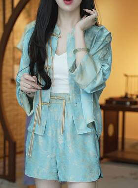 夏装搭配一整套新中式国风套装女复古唐装开衫上衣阔腿短裤两件套