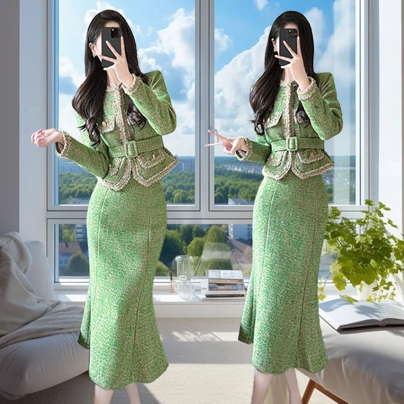 韩系穿搭一整套小洋装秋冬新款气质名媛小香风外套半身裙两件套装