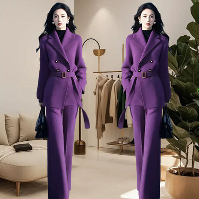 高级感紫色套装女2025秋冬新款复古女装翻领外套阔腿裤洋气两件套