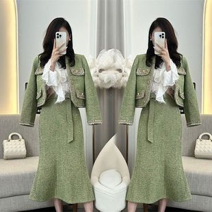 绿色小香风套装 高端轻奢气质名媛千金半身裙两件套 女2025秋冬新款