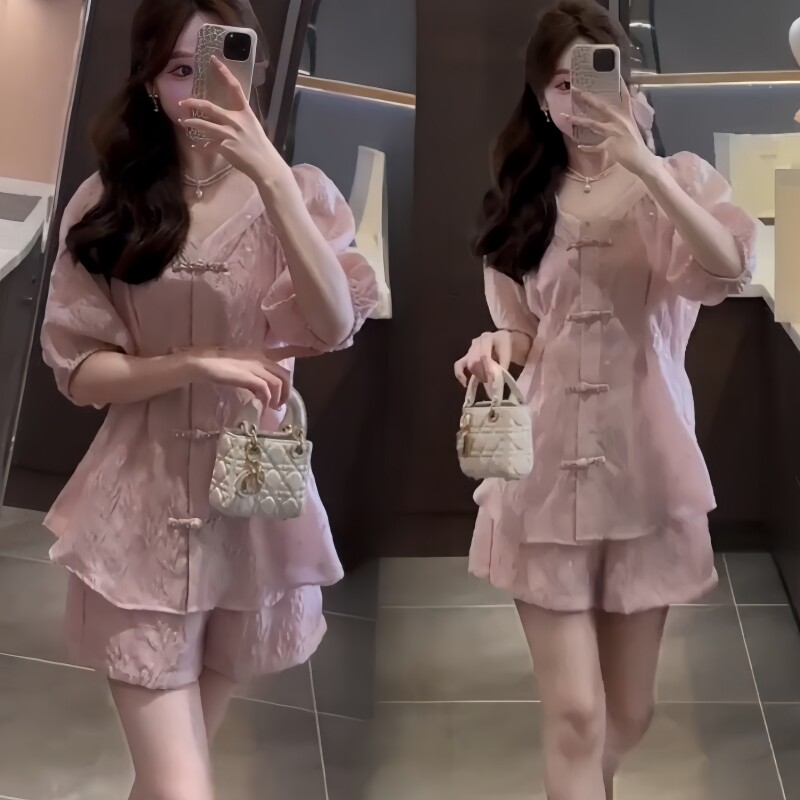 新中式轻国风套装女夏季收腰遮肚显瘦衬衫上衣短裤时尚减龄两件套