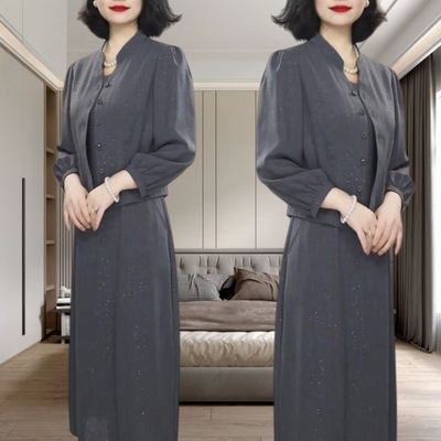 显瘦连衣裙2025秋季新款妈妈装今年流行的女装套装气质减龄两件套