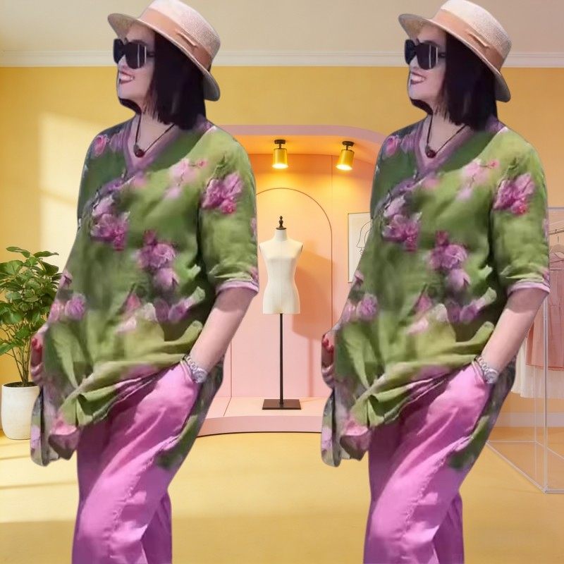 设计感碎花盘扣上衣纯色裤子两件套2026夏季新款减龄新中式套装女,女装/女士精品,时尚套装,淘宝优惠券,粉丝福利购,淘宝优惠卷