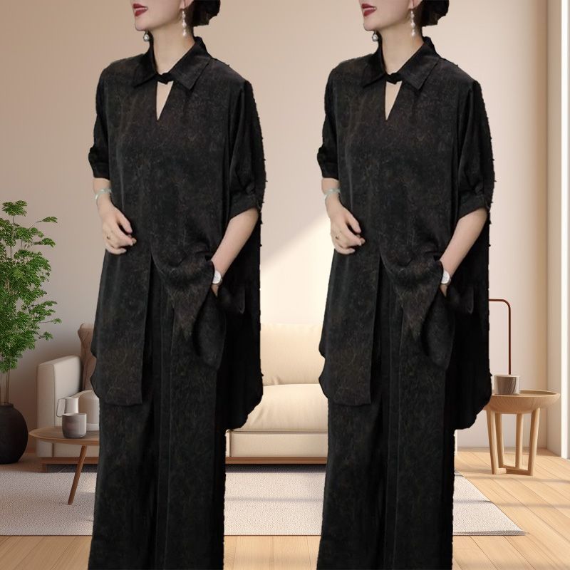 2024夏季新款洋气宽松显瘦遮肚子短袖衬衣阔腿裤时髦黑色两件套潮