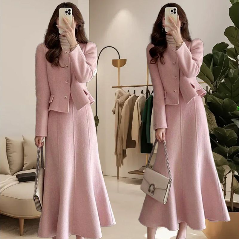 2025秋冬新款富家千金气质套装裙小香风粉色显瘦上衣半身裙两件套