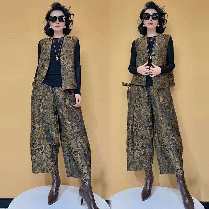 欧货2025春季新款洋气国风高级感新中式马甲百搭高腰阔腿裤套装女