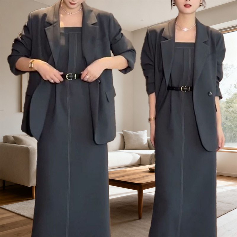 百搭西装高级感西服春秋新款大码女装收腰减龄吊带连衣裙子两件套
