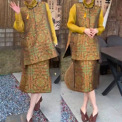 欧洲站2025春季新款百搭时尚新中式国风轻奢不对称马甲半身裙套装