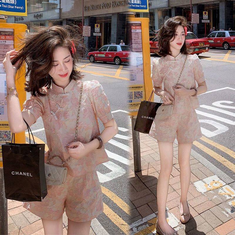 时尚新款休闲减龄名媛气质提花复古国风上衣+高腰短裤夏季女套装