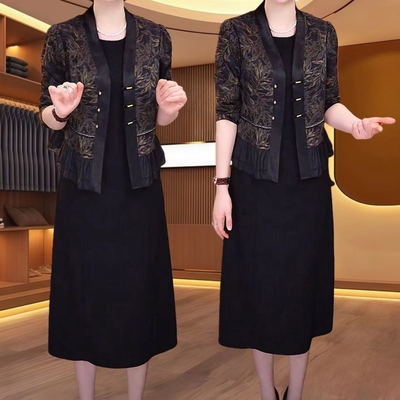 两件套女高级外套连衣裙春秋2025新款大码女装遮肉显瘦礼服裙