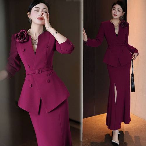 气质名媛职业套装女2025秋季新款爆款收腰显瘦V领上衣鱼尾裙套装