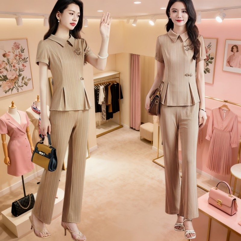 2026年夏季新款气质显瘦国风盘扣条纹短袖上衣微喇叭裤两件套装女