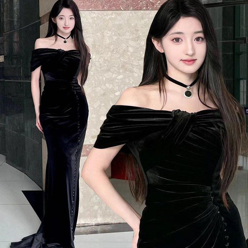 宴会晚礼服裙女2024新款轻奢小众高级感主持人鱼尾显瘦演出服黑色