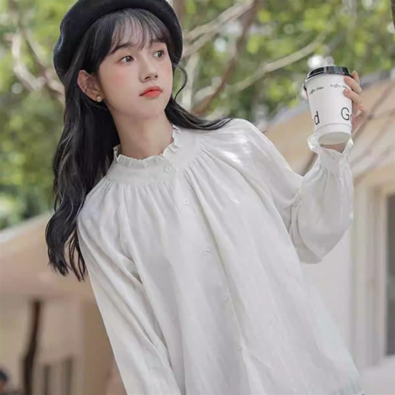 法式立领木耳边甜美白色长袖衬衫女装秋季2024年花边内搭打底上衣