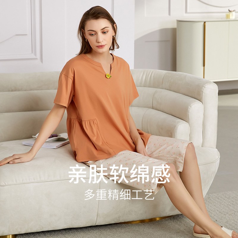 秋鹿休闲简约女士睡衣夏款针织短袖碎花七分裤家居服女夏纯棉套装