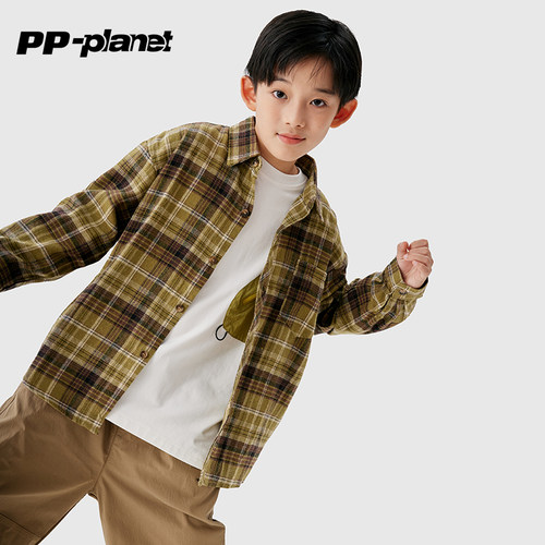 PP星球童装男童衬衣春秋冬新款复古时髦宽松休闲立领衬衫外套