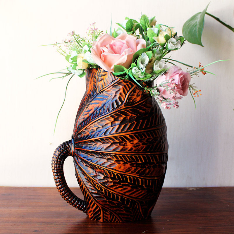 新中式风格怀旧文艺客厅莲蓬大麦干花插花实木装饰复古矮花瓶摆件,家居饰品,花瓶,淘宝优惠券,粉丝福利购,淘宝优惠卷