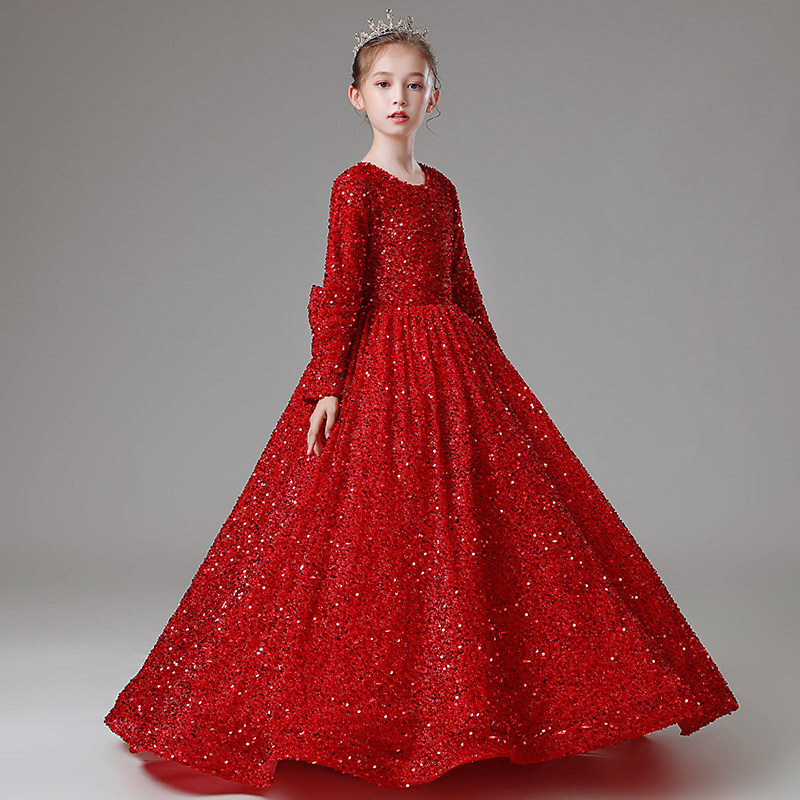 儿童晚礼服红色高端公主裙长袖生日女童小主持人钢琴演出服装秋冬