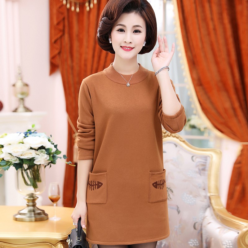 中老年女装加肥加大码加绒打底衫妈妈装秋冬加厚中长款毛衣裙绒衣