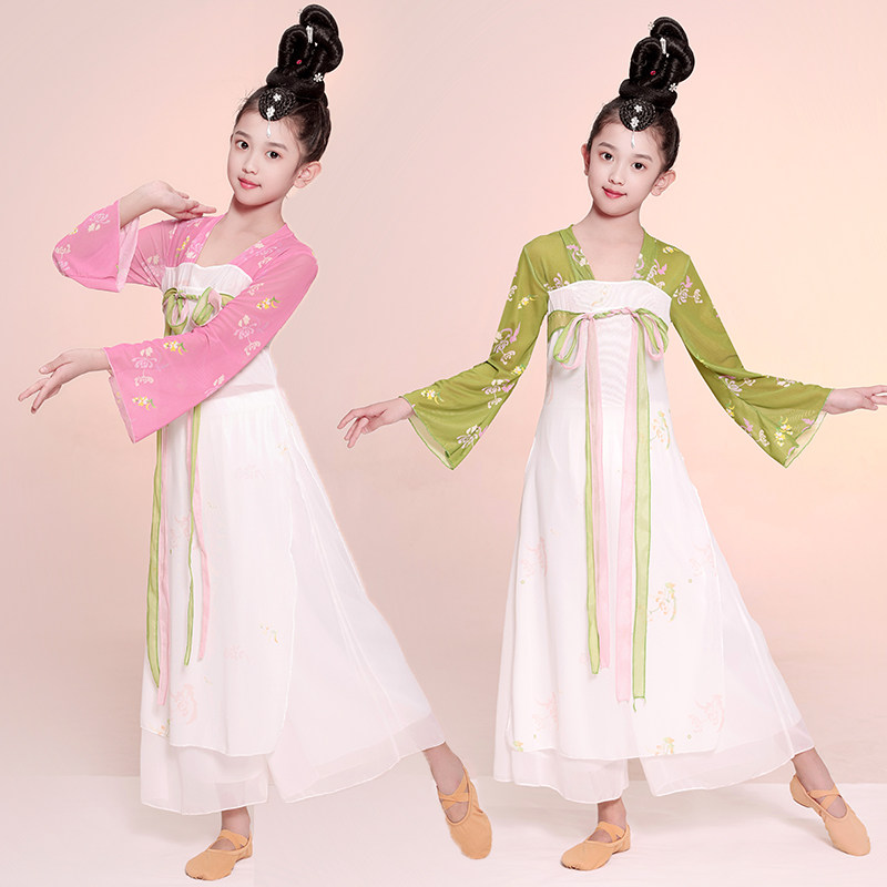 儿童古典舞演出服装女童表演服飘逸仙气中国风扇子舞蹈服齐胸汉服图片