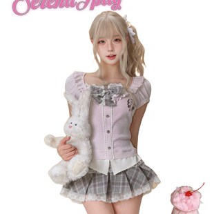 少女椰子 学院系 小松奈奈 独特绝美小套装紫上衣+灰色格子半身裙