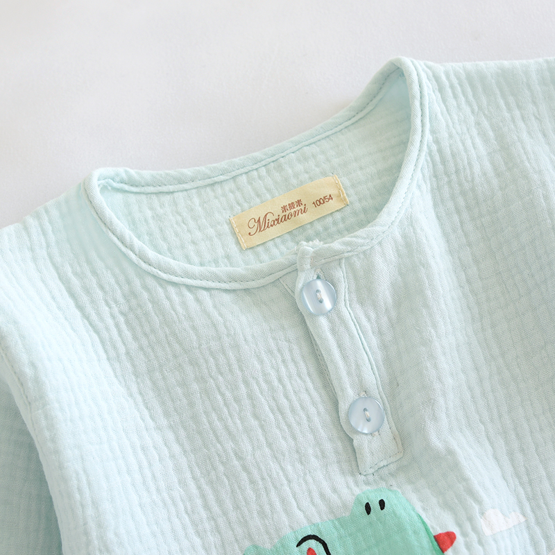 米筱米春秋薄款男童可爱恐龙纯棉纱布长袖睡衣套宝宝家居服空调服