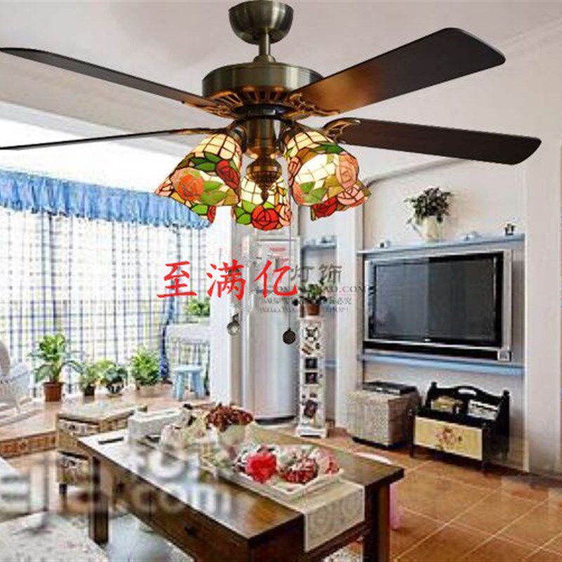 包邮至满亿高档5头电风扇客厅餐厅艺术吊灯田园欧式玫瑰花吊扇灯
