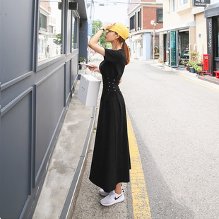 长裙新款 大摆夏季 小黑裙长款 修身 连衣裙女系带长裙潮 短袖 2021春季