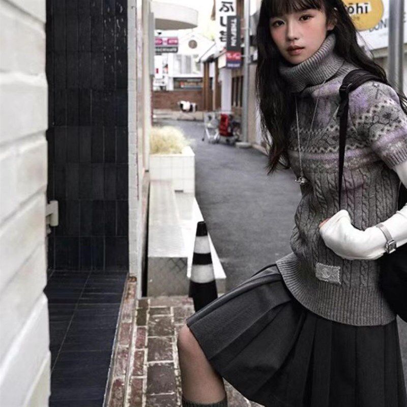 半高领费尔岛提花针织短袖毛衣女收腰修身显瘦秋冬新款百搭学院风