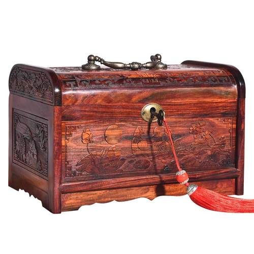 大红酸枝手提镜箱内绒布手工雕花中式复古榫卯结构珠宝首饰盒带锁