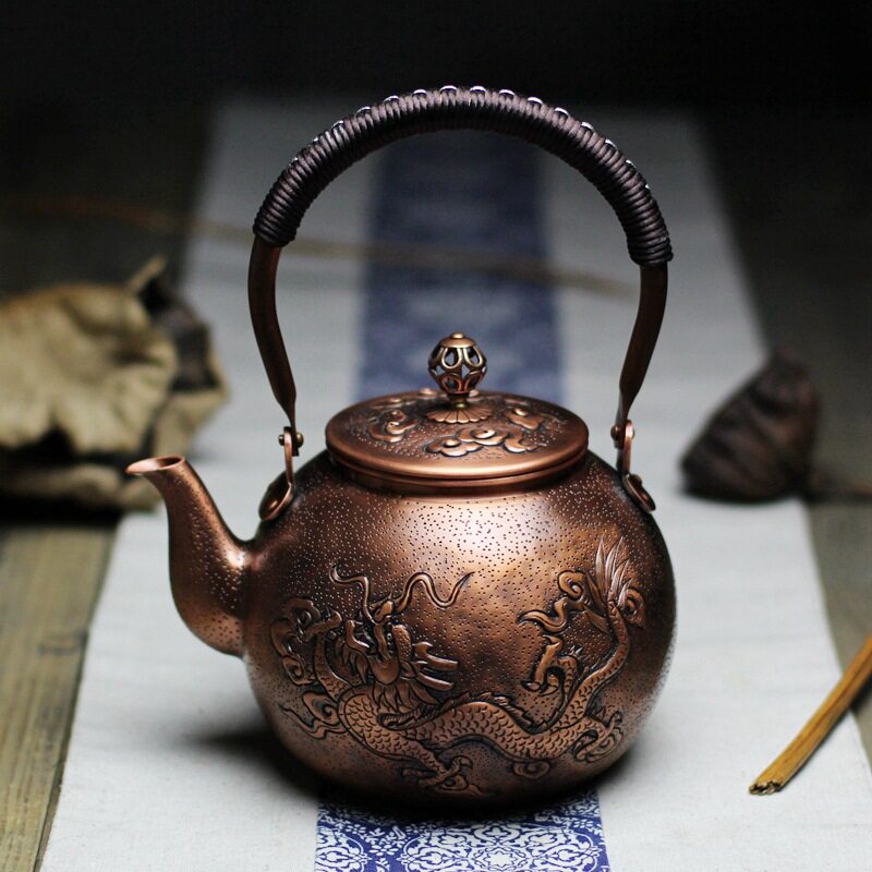 昆吾山【大师-龙凤呈祥】手工錾刻紫铜壶收藏级高品质工艺品茶壶