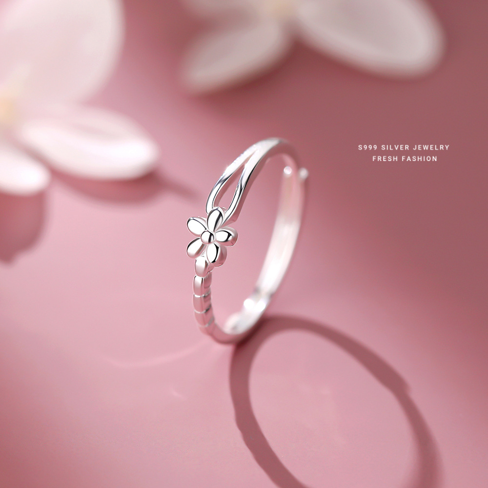 日本品质S999纯银细圈开口小花戒指女时尚简约韩版ins素银花朵食