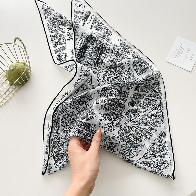 日本品质复古巴黎城市丝棉小领巾女春夏百搭防晒真丝棉混纺头巾配