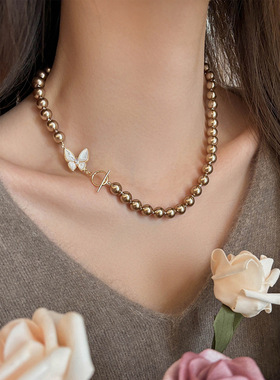 日本品质母贝蝴蝶扣珍珠项链配饰女秋冬毛衣链轻奢高级感小众串珠